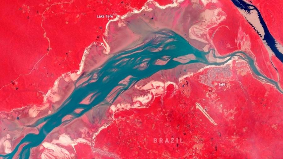 Imagem mostra redução das águas do Lago Tefé, no Amazonas -- quanto mais vermelho, mais presença da vegetação, e redução da água