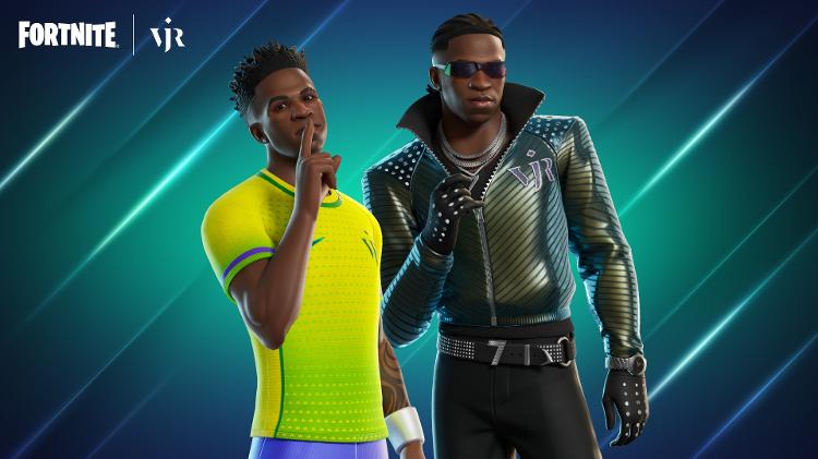 Skin do jogador Vini Jr ao lado do outfit Vini Estiloso Skin do jogador Vini Jr ao lado do outfit Vini Estiloso