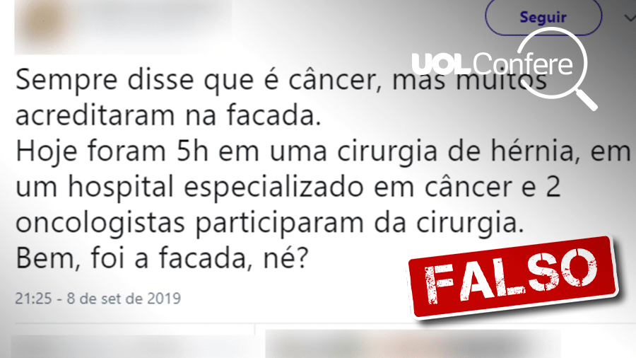 10.set.2019 - Post falso diz que Bolsonaro tem câncer e não levou facada - Arte/UOL