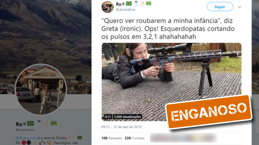 11.dez.2019 - Vídeo de mulher atirando com fuzil não mostra a ativista Greta Thunberg, mas engenheira sueca - Arte/UOL