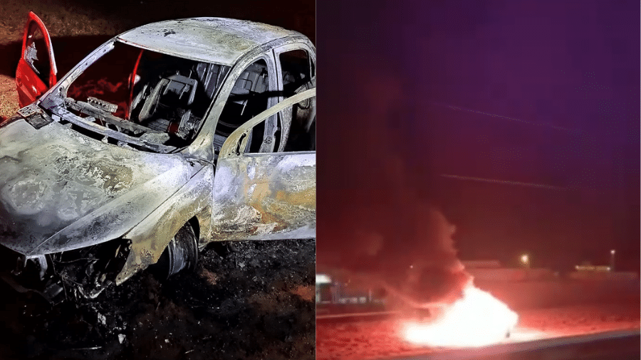 Carro ficou em chamas após colisão durante fuga de sequestradores e ficou completamente queimado - Divulgação/PMMS