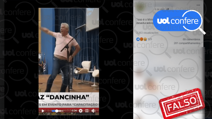 10.abr.2023 - Não é o ministro da Educação Camilo Santana (PT-CE) quem aparece fazendo dancinha. - Arte/UOL Confere sobre Reprodução/Facebook