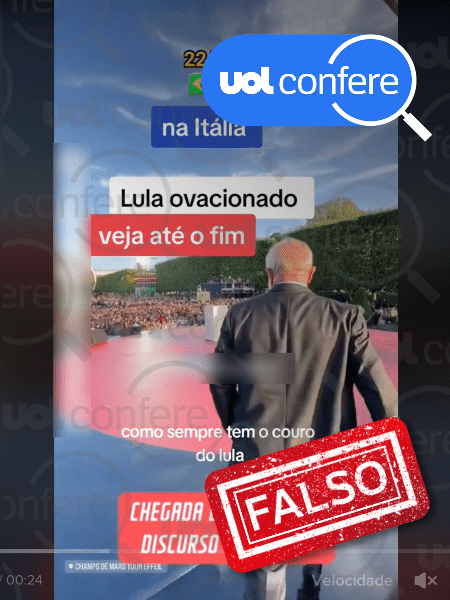 26.06.2023 - Coro de "Lula ladrão" durante discurso do presidente em Paris foi adicionado em edição - Arte/UOL sobre Reprodução/TikTok