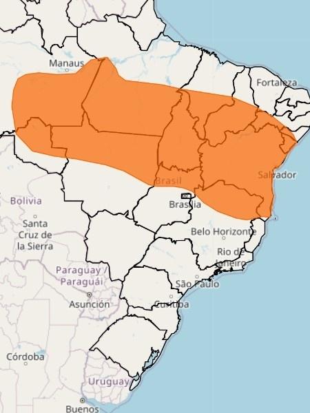 Faixa laranja indica "perigo" para as chuvas, segundo alerta do Inmet que vai até o dia 27 de janeiro