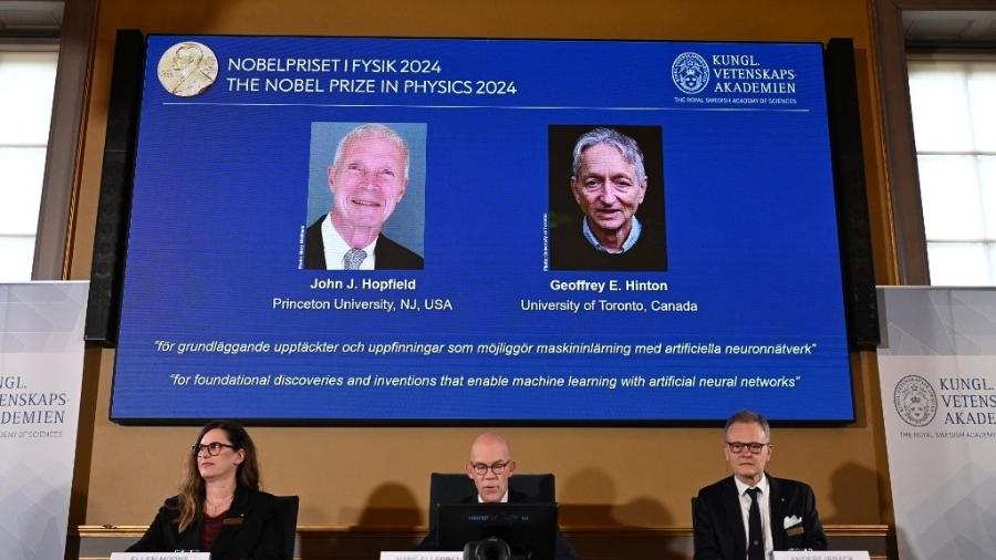 Físico americano John Hopfield e o cientista da computação e psicólogo cognitivo canadense-britânico Geoffrey Hinton vencem o Nobel de Física 2024 - JONATHAN NACKSTRAND/AFP