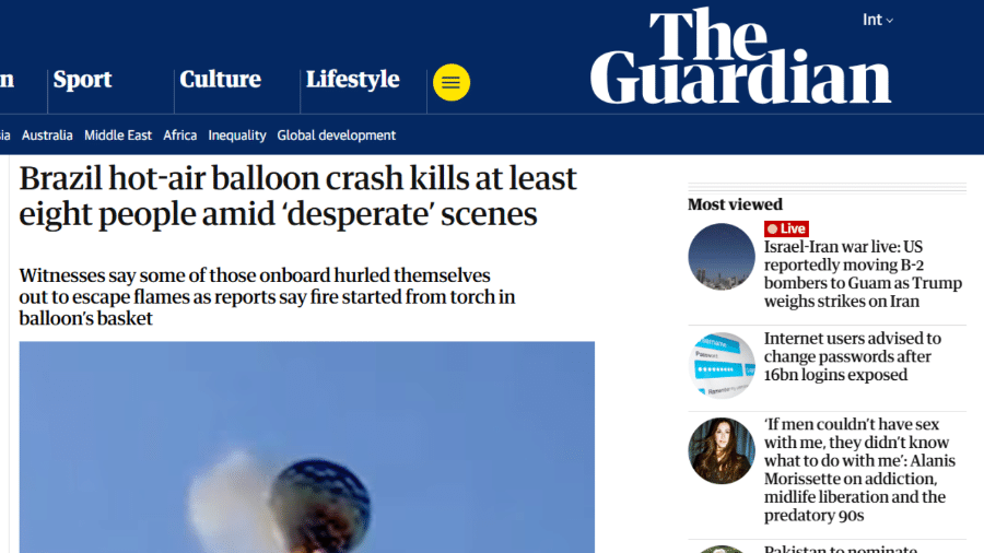 ""Queda de balão de ar quente no Brasil mata pelo menos oito pessoas em meio a cenas "desesperadoras""", diz a manchete - Reprodução / The Guardian