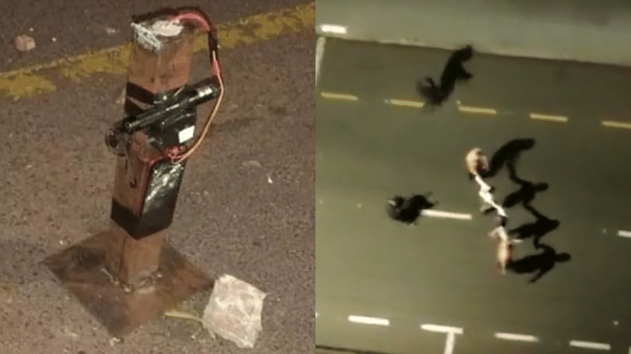 Imagens compartilhadas nas redes sociais mostram explosivos espalhados em pontos da cidade e moradores sendo usados como escudo pelos criminosos - Reprodução/Redes sociais