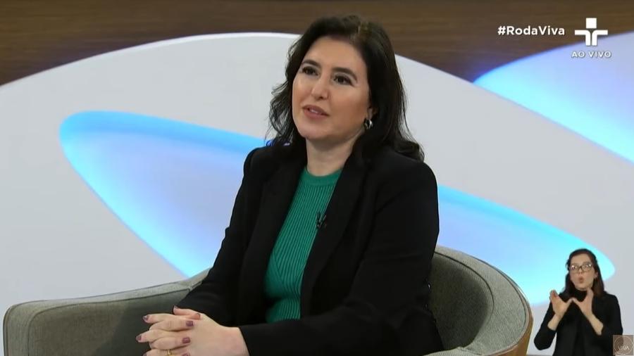 Senadora Simone Tebet, candidata à Presidência pelo MDB, durante entrevista ao programa Roda Viva, da TV Cultura - Reprodução/YouTube