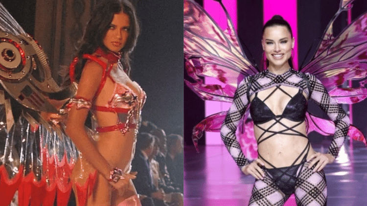 Adriana Lima em desfile da Victoria's Secret em 2003, à esquerda, e em 2024