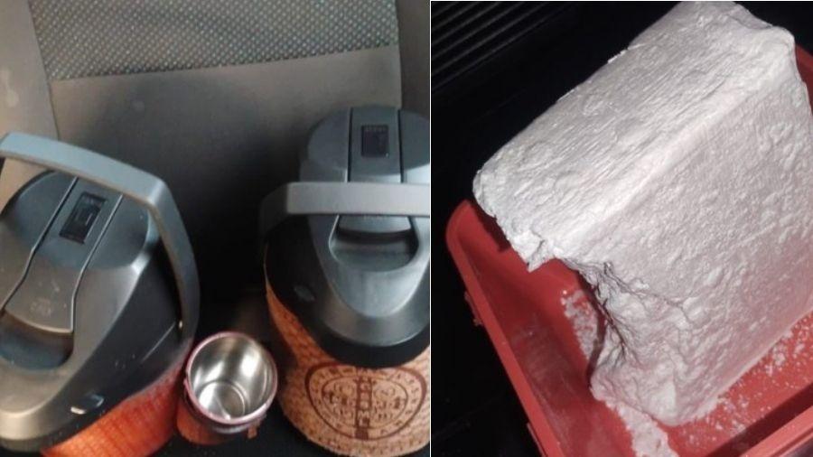Droga foi encontrada dentro de garrafas térmicas Droga foi encontrada dentro de garrafas térmicas