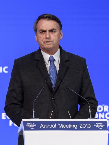 O presidente Jair Bolsonaro discursa durante o Fórum Econômico Mundial de Davos, na Suíça - Fabrice COFFRINI / AFP