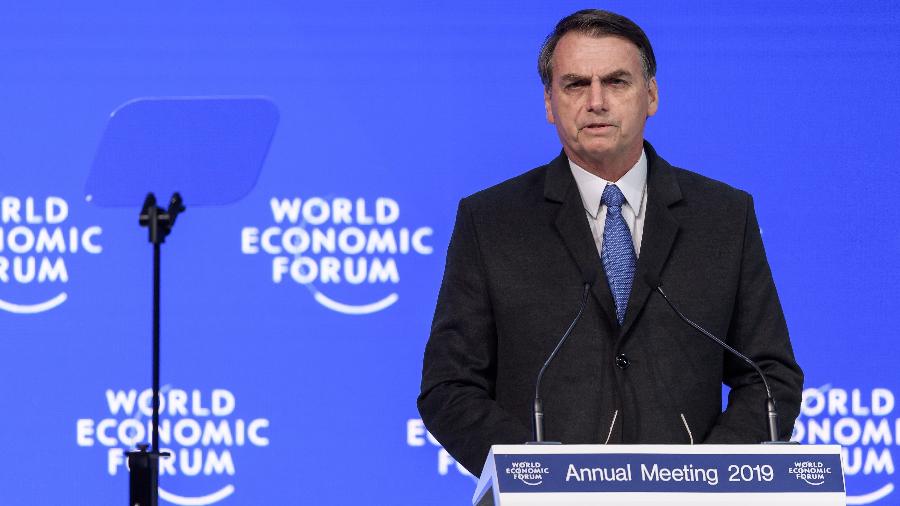 22.jan.2019 - Presidente Jair Bolsonaro discursa durante o Fórum Econômico Mundial de Davos, na Suíça - Fabrice COFFRINI / AFP