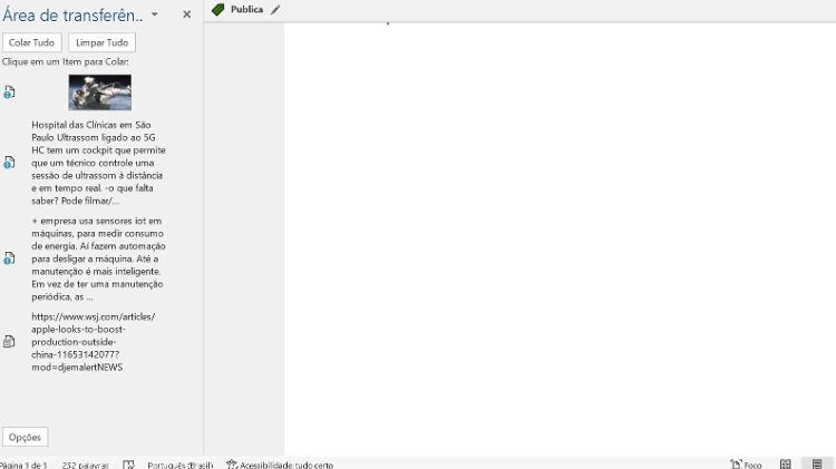Área de Transferência no Microsoft Word no lado esquerdo da tela, mostrando todos os itens copiados - Reprodução - Reprodução