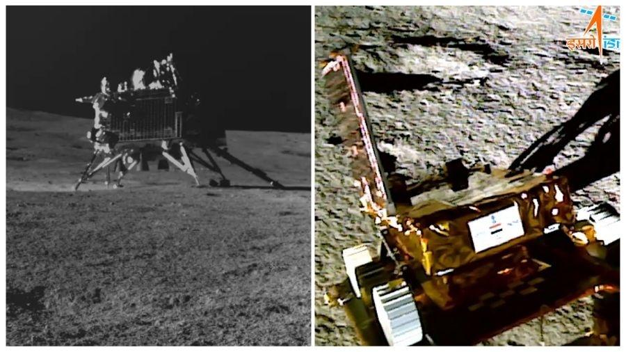 O rover Pragyan (à direita), e o módulo de pouso Vikram, na superfície lunar 