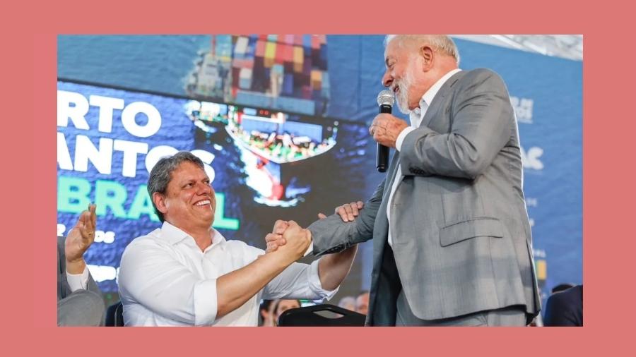 Lula e Tarcísio juntos no dia 2 de fevereiro na comemoração dos 132 anos do Porto de Santos; ambos anunciaram a construção do túnel Santos-Guarujá, obra federal que contará com recursos de São Paulo também