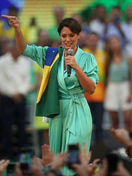 A primeira-dama Michelle Bolsonaro discursou na convenção nacional do PL, que definiu a chapa Bolsonaro-Braga Netto para concorrer às eleições presidenciais em 2022 - Ricardo Moraes/Reuters