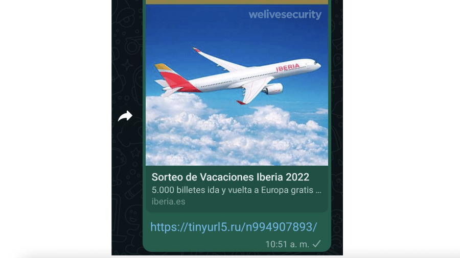 Print de golpe no WhatsApp que promete passagens aéreas da Iberia - Reprodução