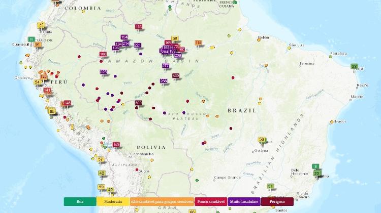 Mapa da qualidade do ar mostra níveis ruins na Amazônia