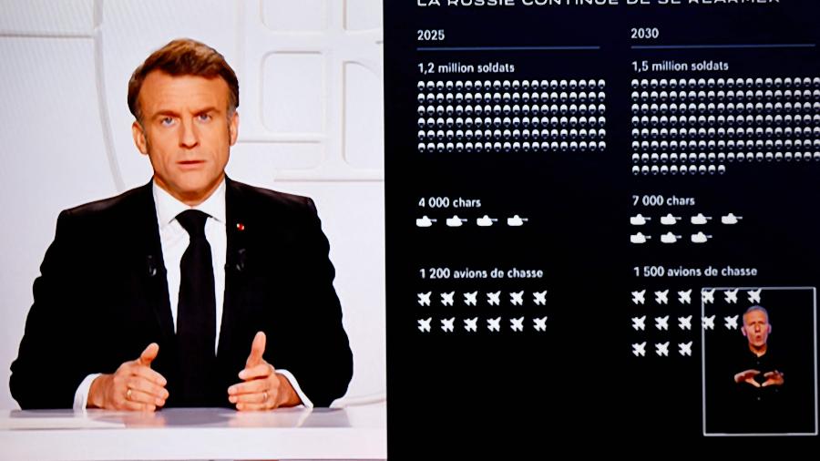 Macron faz pronunciamento na TV francesa mostrando uma projeção de crescimento do exército russo Macron faz pronunciamento na TV francesa mostrando uma projeção de crescimento do exército russo