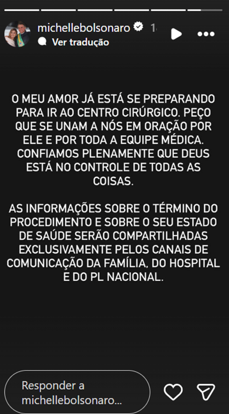 Michelle posta stories antes do início da cirurgia de Bolsonaro