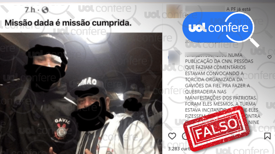 14.12.2022 - Foto não mostra infiltrados em atos de vandalismo - Arte/UOL sobre Reprodução/Facebook