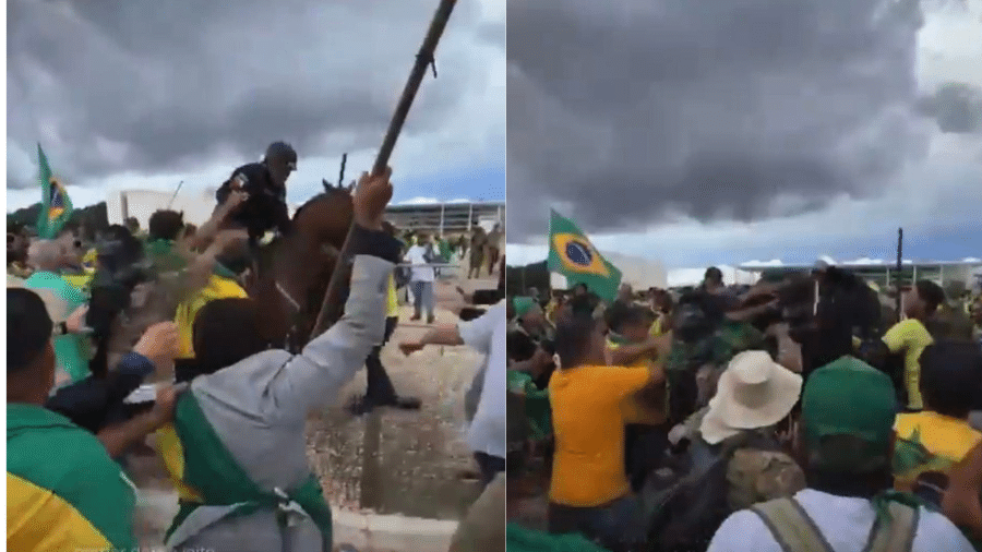 Golpistas agridem policial e atacam cavalo durante invasões em Brasília - Reprodução