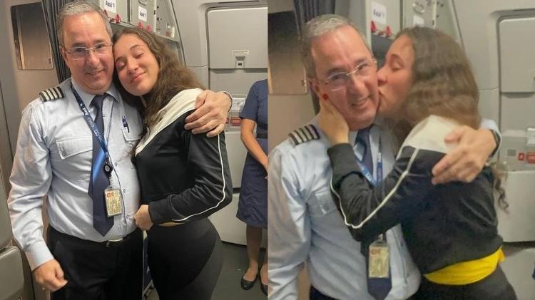 O piloto Flávio ao lado da filha Nina após homenagem durante voo