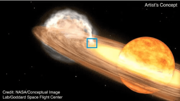 Essa outra captura de animação da NASA mostra os detritos da explosão da nova (bolha esbranquiçada) e a anã branca T CrB (caixa azul), que permanece intacta. 