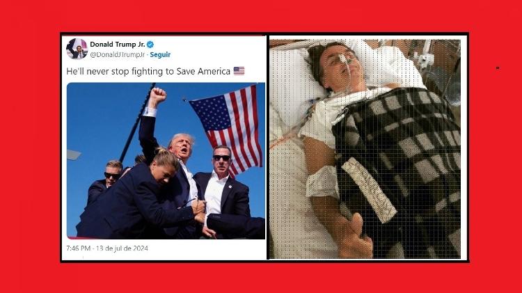 Acima, a imagem publicada por Trump Jr. depois do tiro e a de Bolsonaro nas redes sociais dos filhos no dia seguinte à facada: um como herói e o outro como mártir. O objetivo é o mesmo 