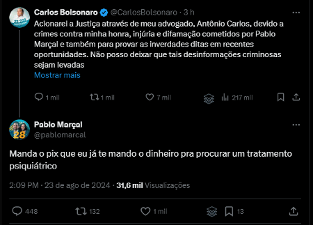 Carlos Bolsonaro divulga que irá processar Pablo Marçal e coach responde com provocação