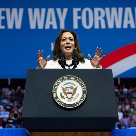 Kamala Harris em um comício em 29 de agosto de 2024 - Saul Loeb / AFP