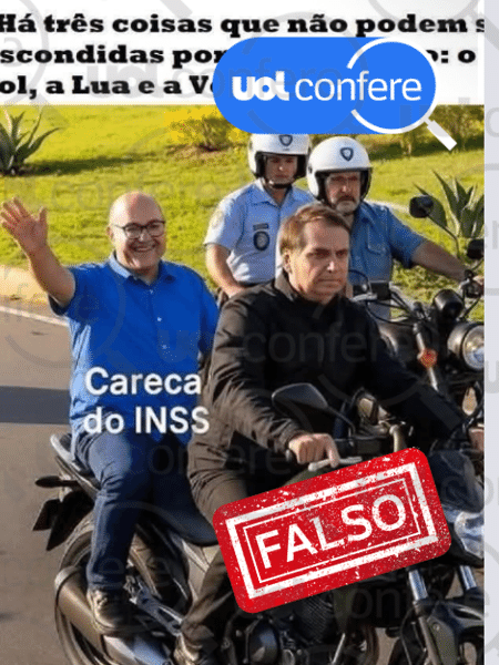15.mai.2025 - Imagem de Bolsonaro com "Careca do INSS" na garupa foi criada por IA 15.mai.2025 - Imagem de Bolsonaro com "Careca do INSS" na garupa foi criada por IA