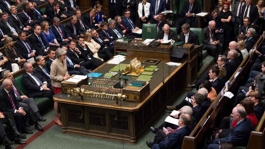 29.mar.2019 - A primeira-ministra britânica Theresa May fala na Casa dos Comuns durante o debate sobre seu acordo do Brexit - Mark Duffy/ Parlamento britânico/AFP