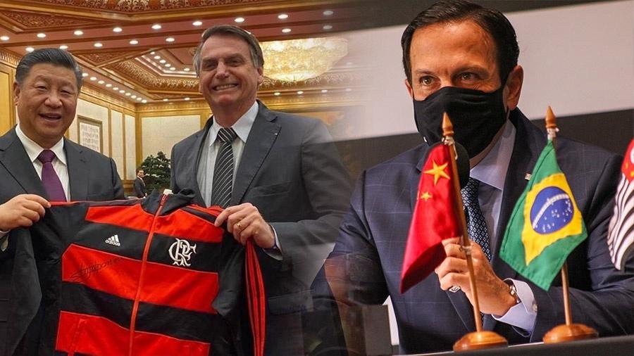 Jair Bolsonaro com o presidente chinês, Xi Jinping, e o governador paulista, João Doria - Divulgação/Arte/UOL