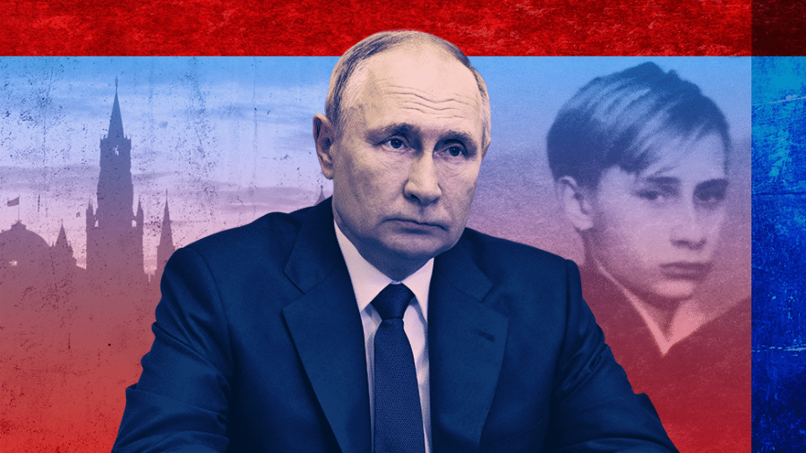 Montagem de Vladimir Putin atualmente e quando era criança - Getty Images