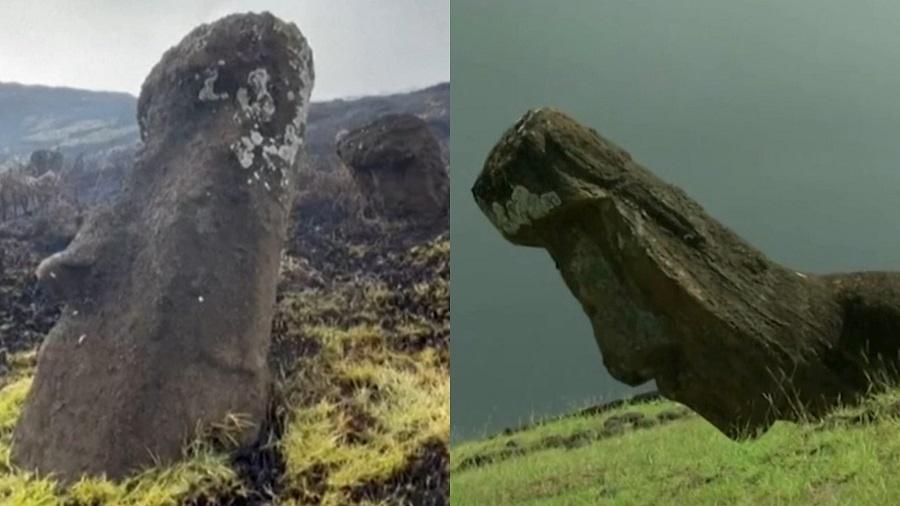 Partes de estátuas da Ilha de Páscoa foram queimadas e sofreram "danos irreparáveis" conforme avaliam autoridades chilenas - CNN/reprodução