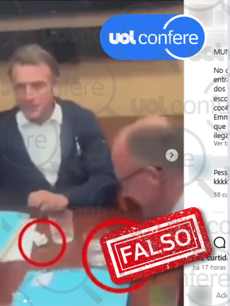 12.mai.2025 - Macron segura lenço de papel, e não papelote de cocaína - Arte/UOL sobre Reprodução/Instagram