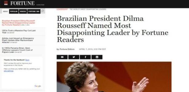 Enquete foi aberta pela revista por uma semana, e Dilma teve 374 mil votos, mais do que 20 vezes a votação do segundo colocado - Reprodução/Fortune