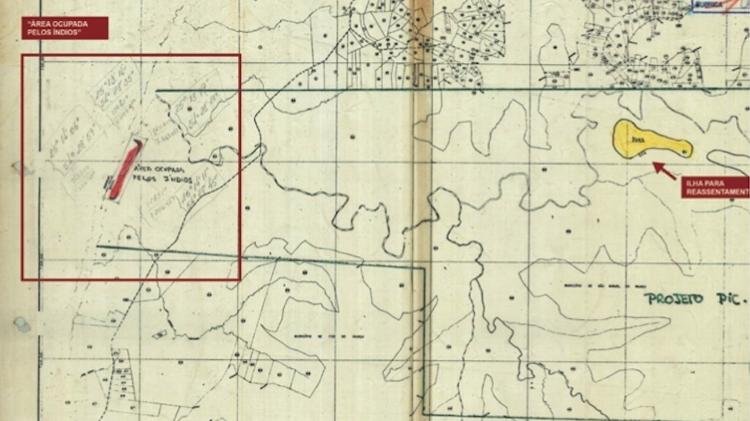 Mapa elaborado por Itaipu, em 1977, indicando a presença indígena apenas na barra do Oco’y e a ilha oferecida para o reassentamento - Reprodução - Reprodução