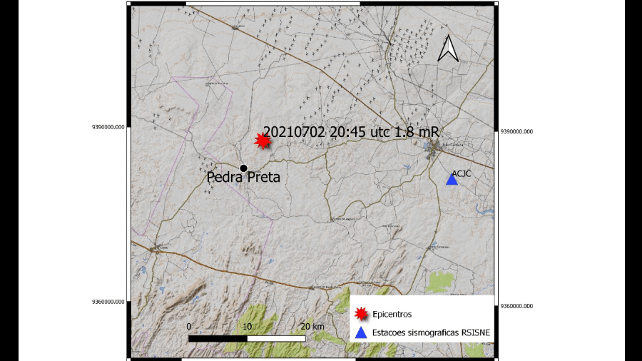 Localização epicentral do sismo em Pedra Preta (RN), simbolizada pela estrela vermelha no mapa - LabSis/UFRN