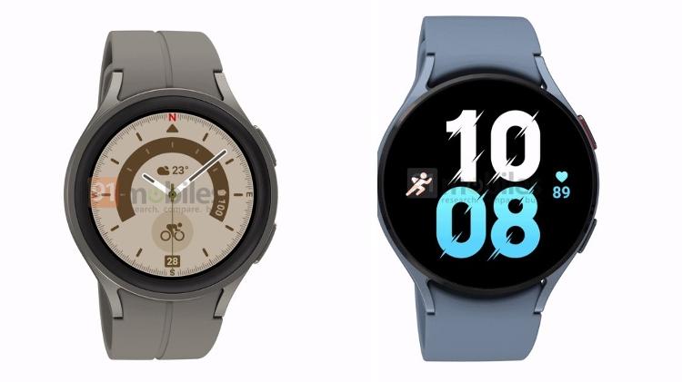 Supostas imagens dos próximos Galaxy Watch 5 Pro (esq.) e Galaxy Watch 5 (dir.) - Reprodução/91Mobiles - Reprodução/91Mobiles