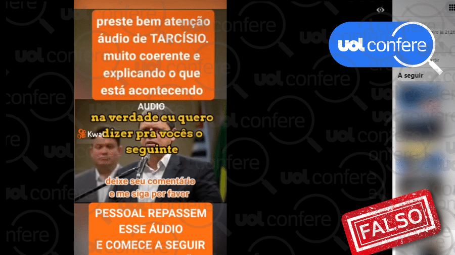 16.jan.2023 - É falso áudio atribuído ao governador de São Paulo - Arte/UOL sobre Reprodução/Facebook