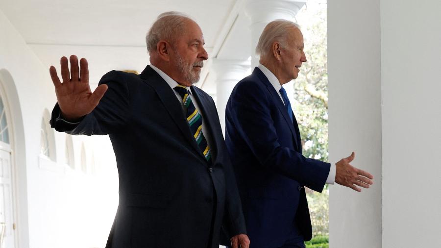 10.fev.2023 - O presidente dos EUA, Joe Biden, e o presidente do Brasil, Luiz Inácio Lula da Silva, durante encontro na Casa Branca em Washington, EUA - 10.fev.2023 - Jonathan Ernst/Reuters