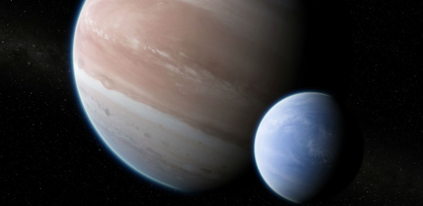 Concepção artística do exoplaneta Kepler-1625b e lua gigante. O par tem uma relação de massa e raio semelhante ao sistema Terra-Lua - mas são 11 vezes maiores. - Dan Duda / Science Advances