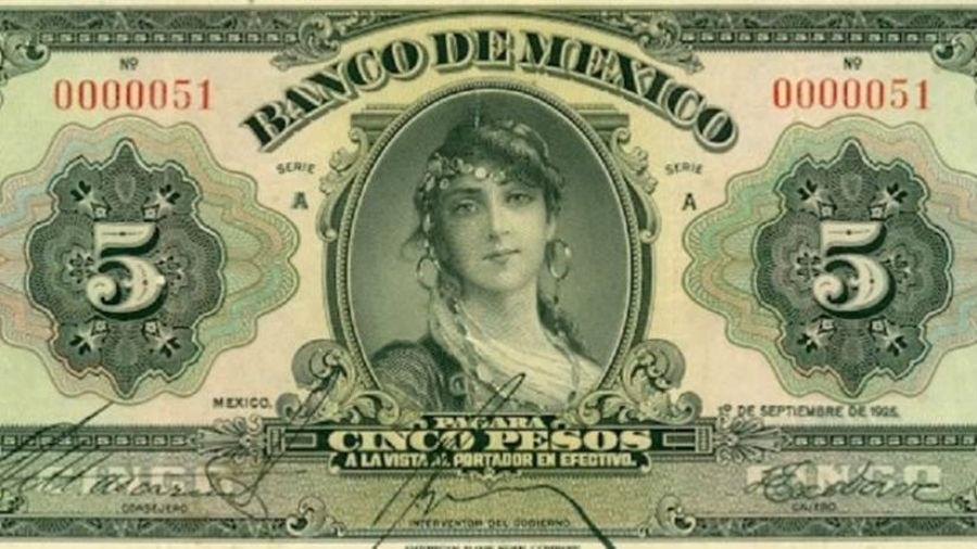 Primeiro bilhete de 5 pesos emitido pelo recém-criado Banco do México em 1925 estampava uma mulher "misteriosa" - Banco do México
