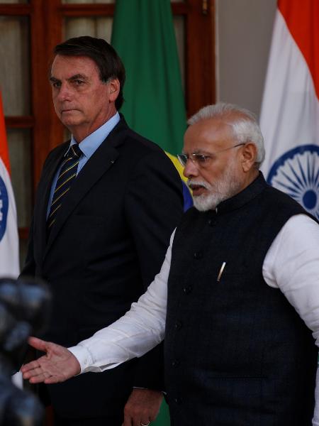 25.jan.2020 - O presidente Jair Bolsonaro e o primeiro-ministro da Índia, Narendra Modi, em encontro em Nova Déli - Altaf Hussain/Reuters