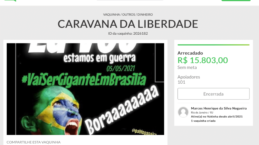 Página do site de financiamento coletivo para a "Caravana da Liberdade", que nunca aconteceu - Reprodução