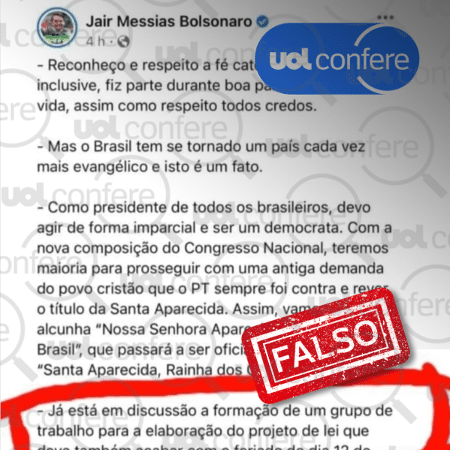 10.out.2022 - Bolsonaro não publicou que pretende acabar com o feriado de Nossa Senhora Aparecida; imagem é falsa - Arte/UOL sobre Reprodução