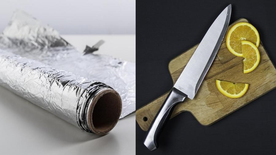 Papel-alumínio e faca