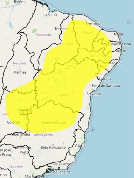 Alerta de perigo potencial por clima seco foi feito pelo Inmet para a área em amarelo